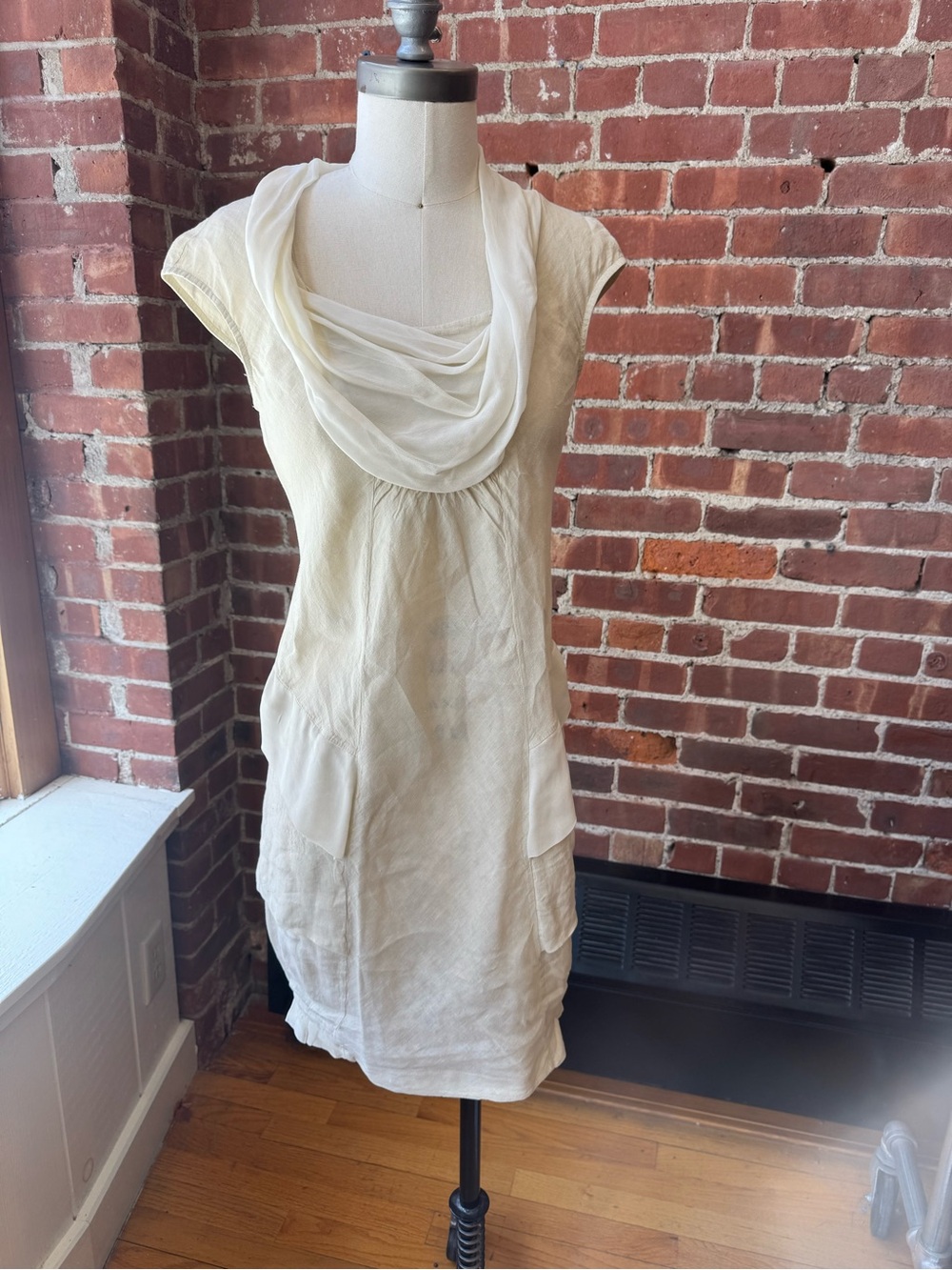 Light Cream Cowl-Neck Mini Dress with Cap Sleeves